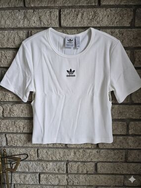 adidas White Ribbed Short Sleeve Crop Tee with Black Trefoil